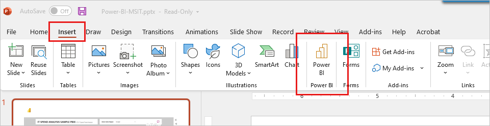 Skjermbilde av Power BI-tillegget for PowerPoint-knappen på Sett inn-båndet.