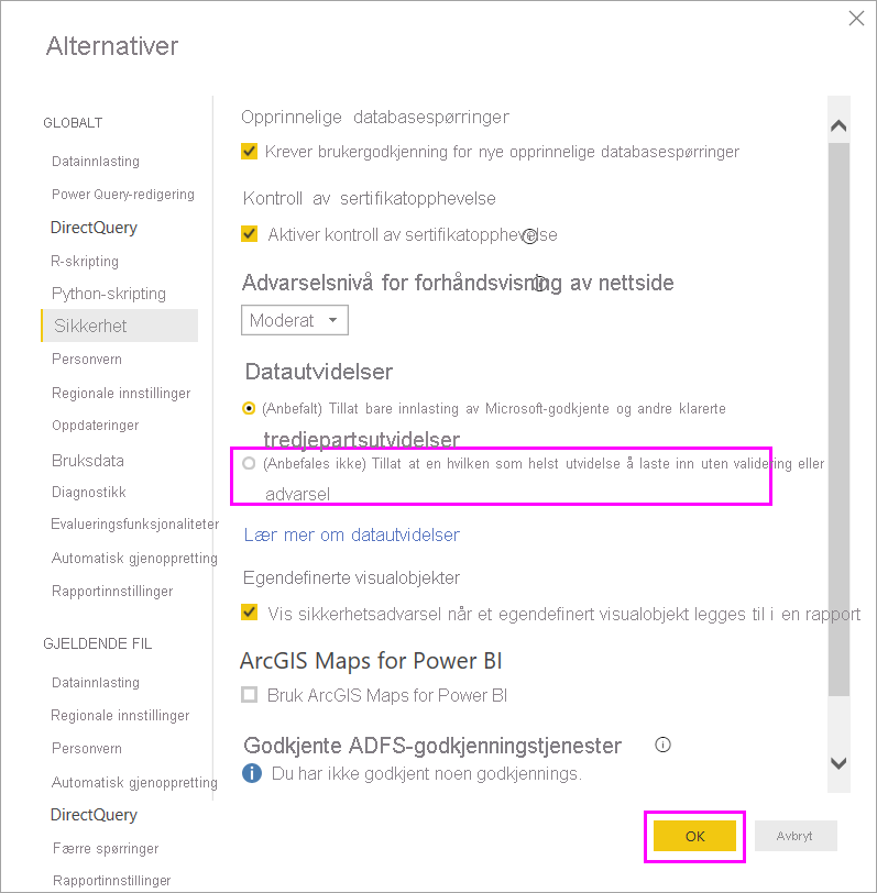 Skjermbilde som viser hvordan du tillater ikke-sertifiserte egendefinerte koblinger i alternativer for datautvidelsessikkerhet.