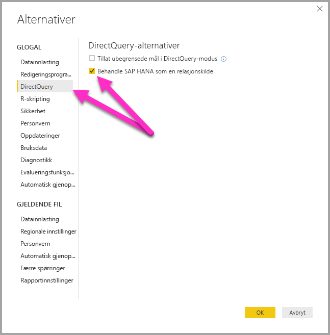 Skjermbilde av dialogboksen Alternativer, som viser alternativene for DirectQuery.