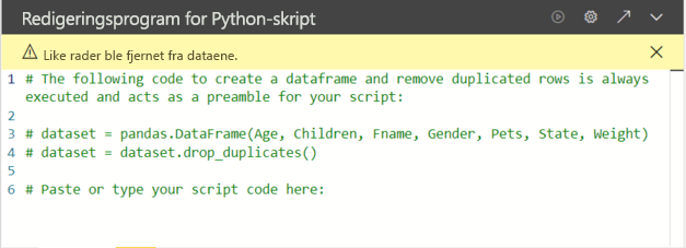 Skjermbilde som viser redigeringsprogrammet for Python-skript med innledende kommentarer.