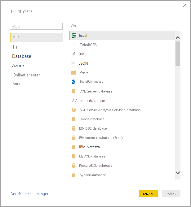 Screenshot shows the Get Data dialog with All and Excel selected.