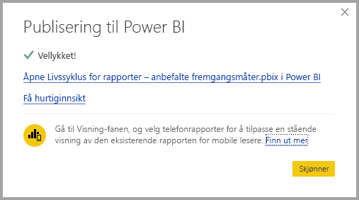 Skjermbilde som viser at publiseringen var vellykket.