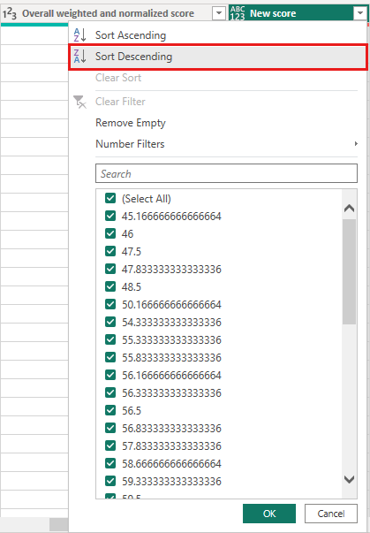 Skjermbilde av Power Query-redigering som viser kolonnen Ny poengsum med Sorter synkende uthevet.