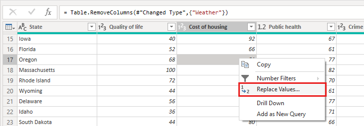 Skjermbilde av vinduet Power Query-redigering som viser kolonnen Boligkostnad med menyelementet Erstatt verdier markert.