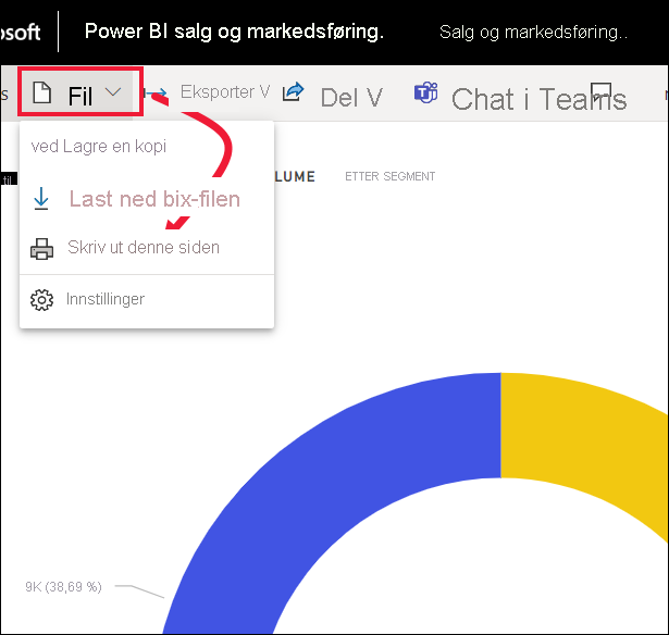 Skjermbilde av Power Bi-tjeneste Fil-menyen åpnes, og Skriv ut denne siden er valgt.