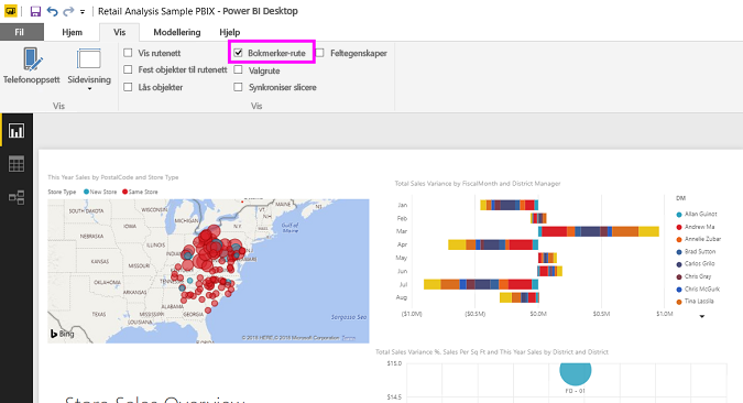 Skjermbilde som viser hvordan du aktiverer Bokmerker-ruten i Power BI Desktop.