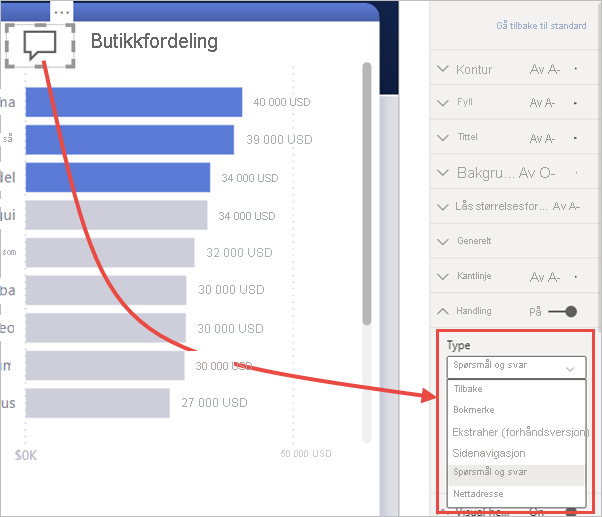 Skjermbilde som viser handlingsvalg for en knapp i Power BI.