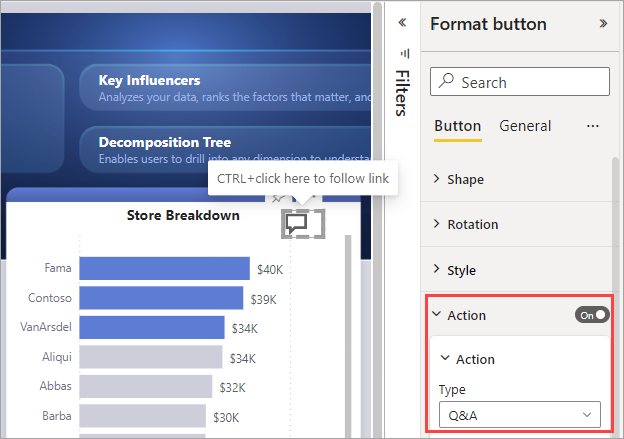 Skjermbilde som viser en Q&A-knapp i Power BI.