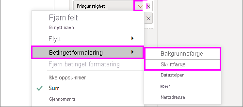 Bakgrunnsfarge eller skriftfarge i menyen for betinget formatering