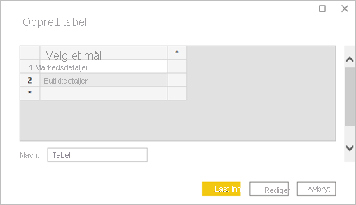 Skjermbilde som viser Opprett tabell-vinduet.