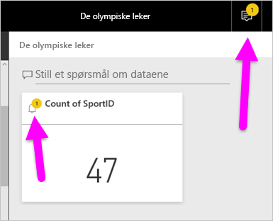 Skjermbilde av varselikonet og varselet i Power Bi-tjeneste varslingssenteret.