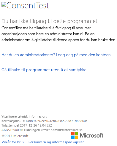 Skjermbilde av påloggingsdialogboksen for Azure-portalvinduet, som viser tillatelsesfeilen samtykketest.