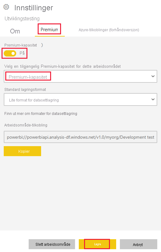 Skjermbilde av premium-innstillingene for et arbeidsområde i Power Bi-tjeneste. En valgt kapasitet og Lagre-knappen er uthevet.