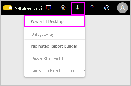 Skjermbilde av Power B I-tjenesten som viser alternativet for nedlasting av Power B I Desktop.