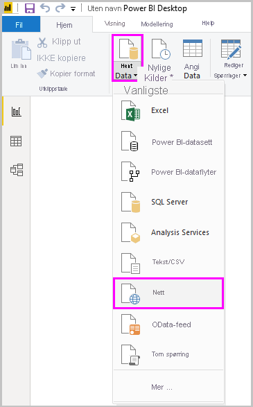 Skjermbilde av Power B I Desktop som viser webalternativet for Hent data-verktøyet.