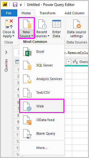 Skjermbilde av Power B I Desktop som viser Power Query-redigering du velger Web fra Ny kilde.