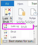 Skjermbilde av Power B I Desktop som viser alternativet Lukk og bruk endringer.