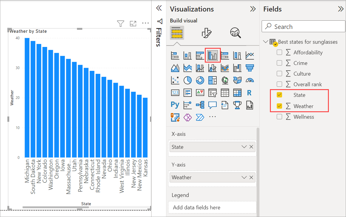 Skjermbilde av Power B I Desktop som viser visualiseringen av stolpediagrammet.