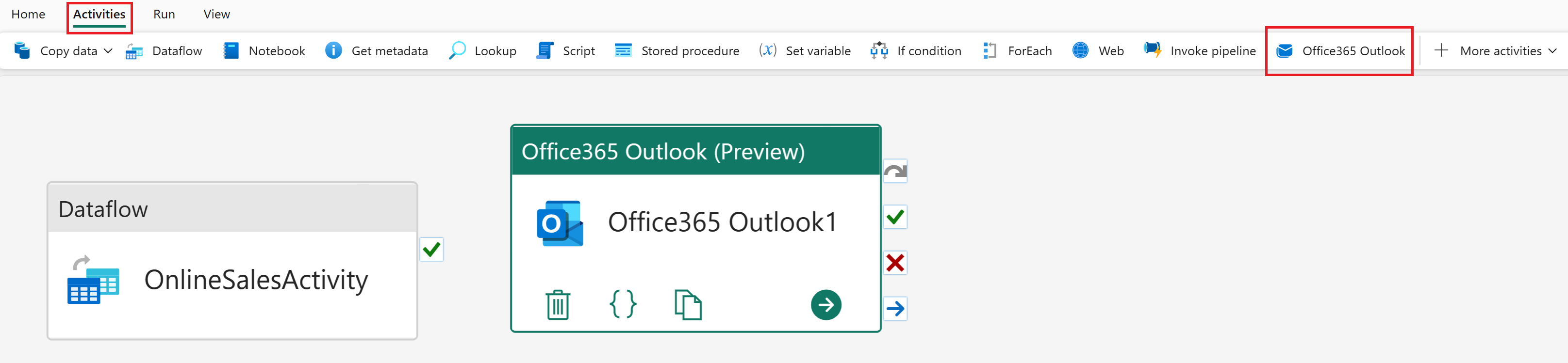 Skjermbilde av aktivitetsinformasjonen for Office365 Outlook.