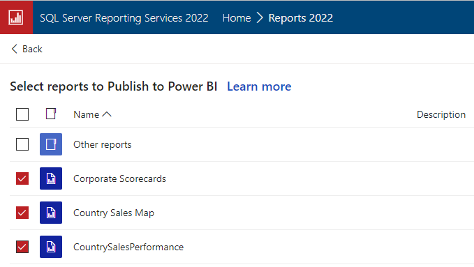 Skjermbilde som viser Velg rapporter som skal publiseres til Power BI.