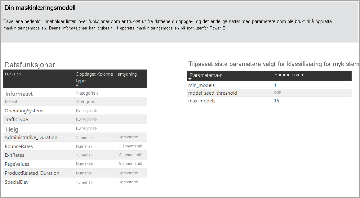 Skjermbilde av tabeller som viser funksjoner som er trukket ut fra de angitte datainndataene.