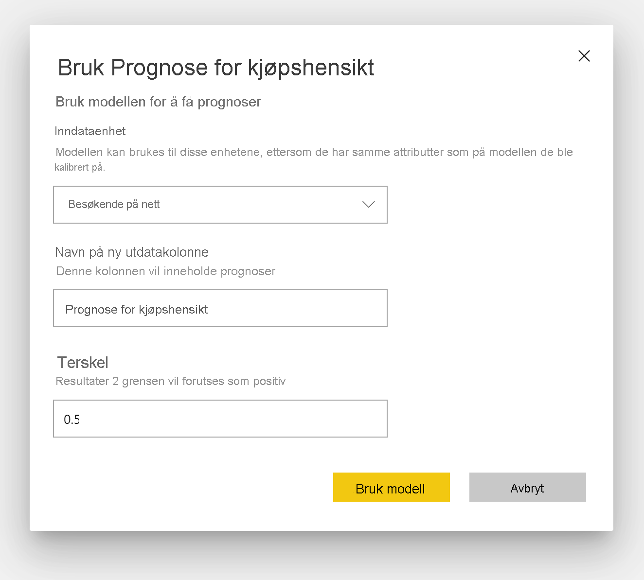 Skjermbilde av dialogboksen Bruk kjøpsintensjonsprognose.