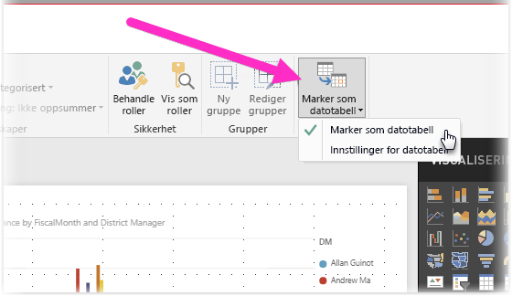 Skjermbilde av Power BI Desktop som viser knappen Merk som datotabell og alternativfilter.