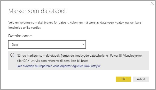 Skjermbilde av Power BI Desktop som viser dialogboksen Merk som datotabell med et viktig notat.