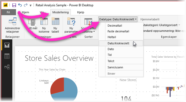 Skjermbilde av Power BI Desktop som viser Modellering-fanen med datatypefilteret valgt.