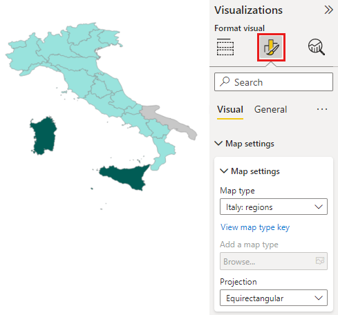 Skjermbilde av et figurkart over Italia.