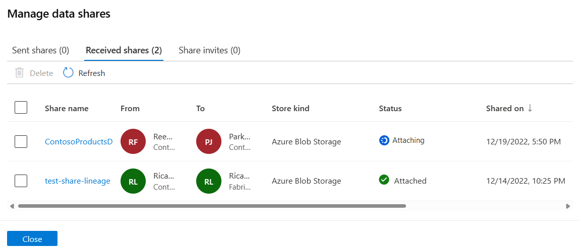 Screenshot showing the attach share window, with the Attach button highlighted after you specify a target data store to receive or access shared data.