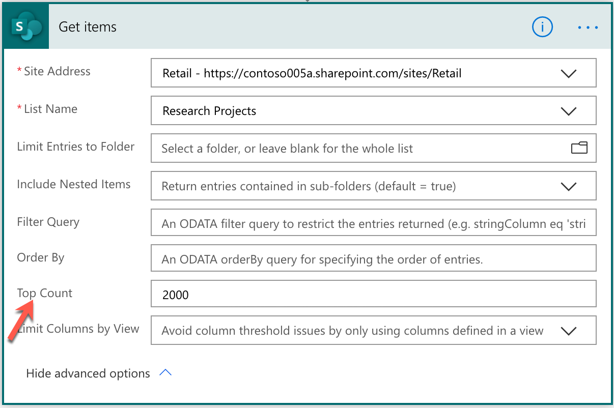 Modify number of items returned in Get items action