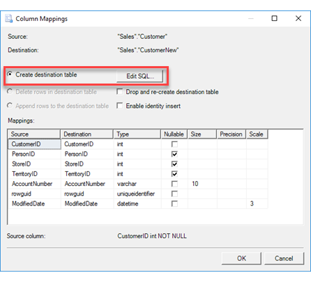 Column mappings page, new table section