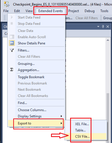 Screenshot of exporting displayed data, Extended Events > Export to.
