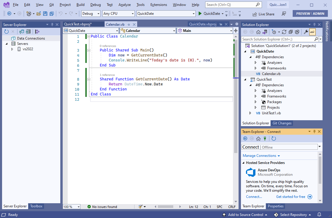 Screenshot that shows Visual Studio in Blue theme.