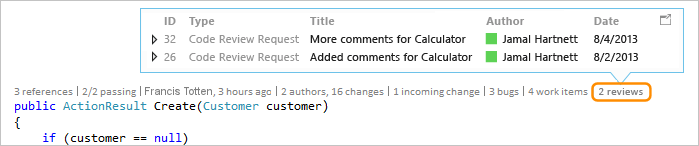 Screenshot of CodeLens - View code review requests in Visual Studio 2019.