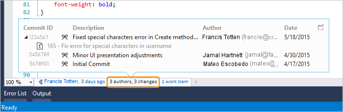 Screenshot that shows CodeLens details at the file level in Visual Studio 2019.