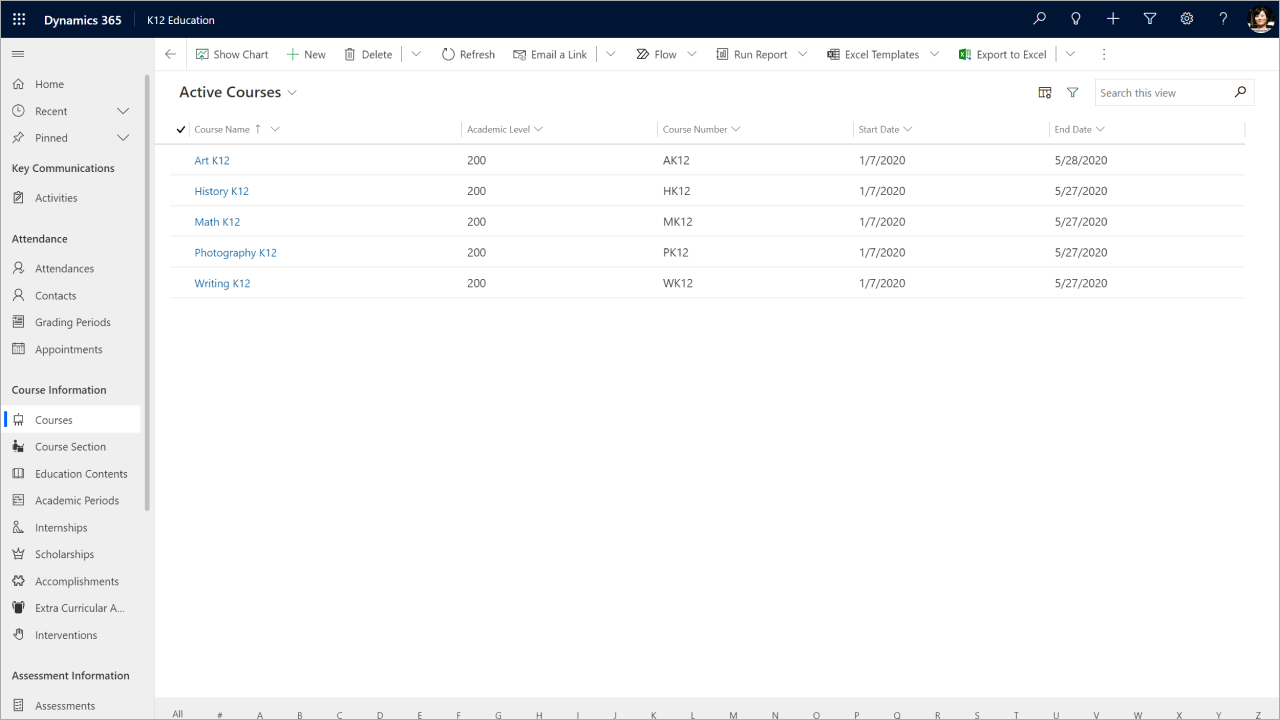 Administrator view - course history.