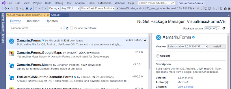 Forms and close the package manager window