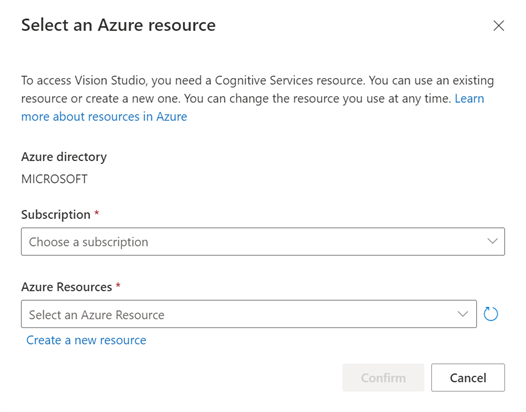 Zrzut ekranu przedstawiający panel wyboru zasobów usługi Vision Studio.