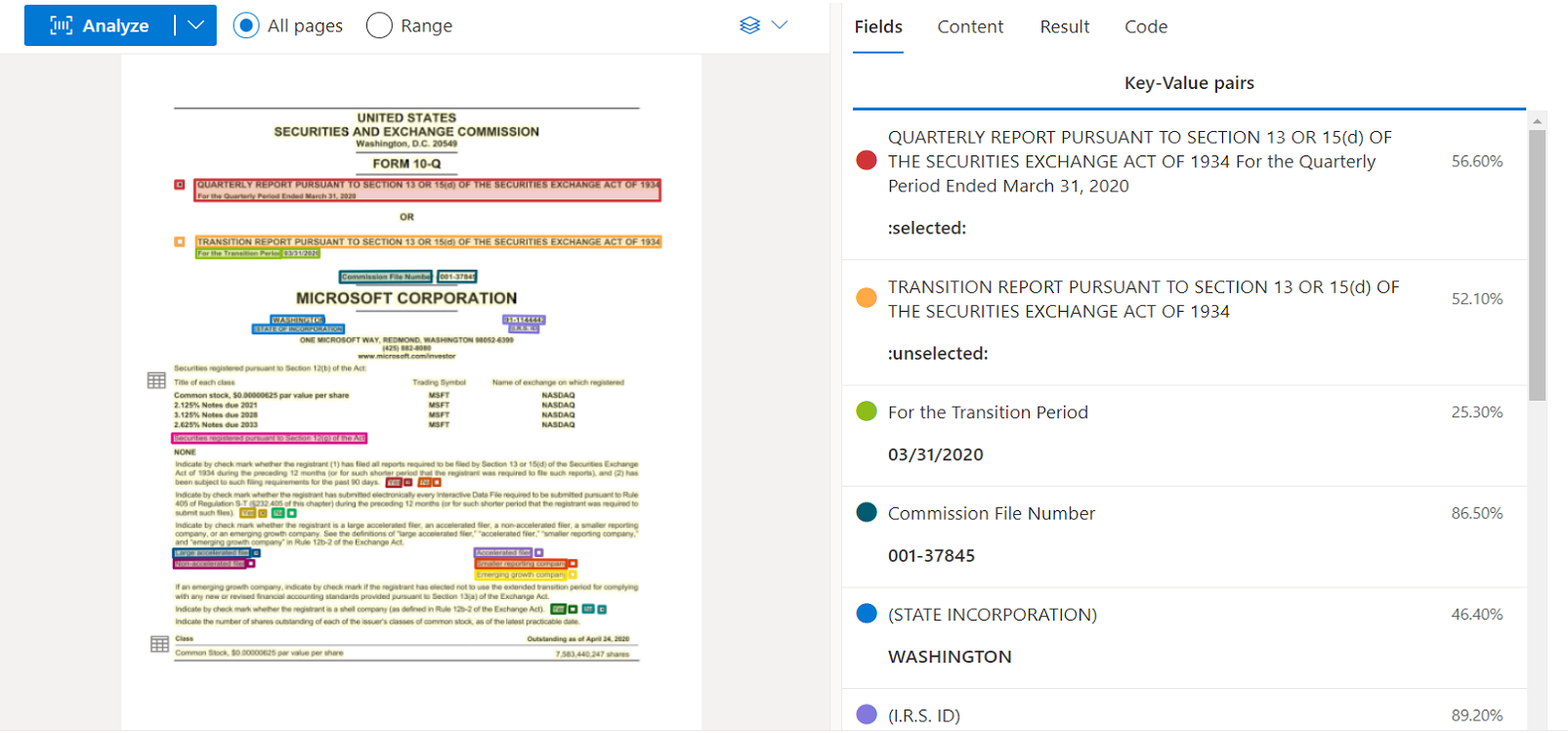 Zrzut ekranu przedstawiający ogólną analizę modelu dokumentów przy użyciu programu Document Intelligence Studio.