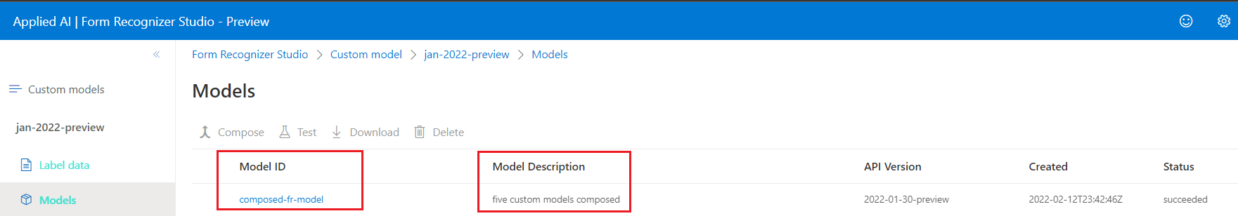 Zrzut ekranu przedstawiający skomponowany identyfikator modelu w programie Document Intelligence Studio.