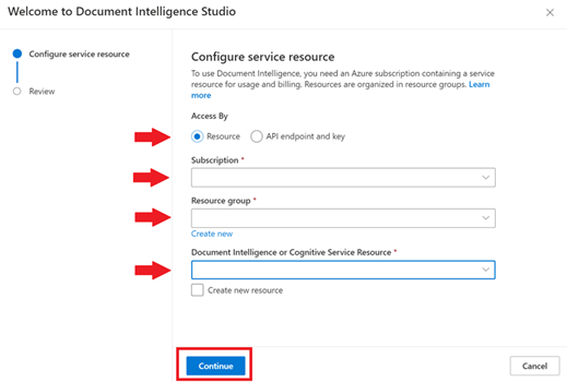 Zrzut ekranu przedstawiający formularz konfigurowania zasobu usługi z programu Document Intelligence Studio.