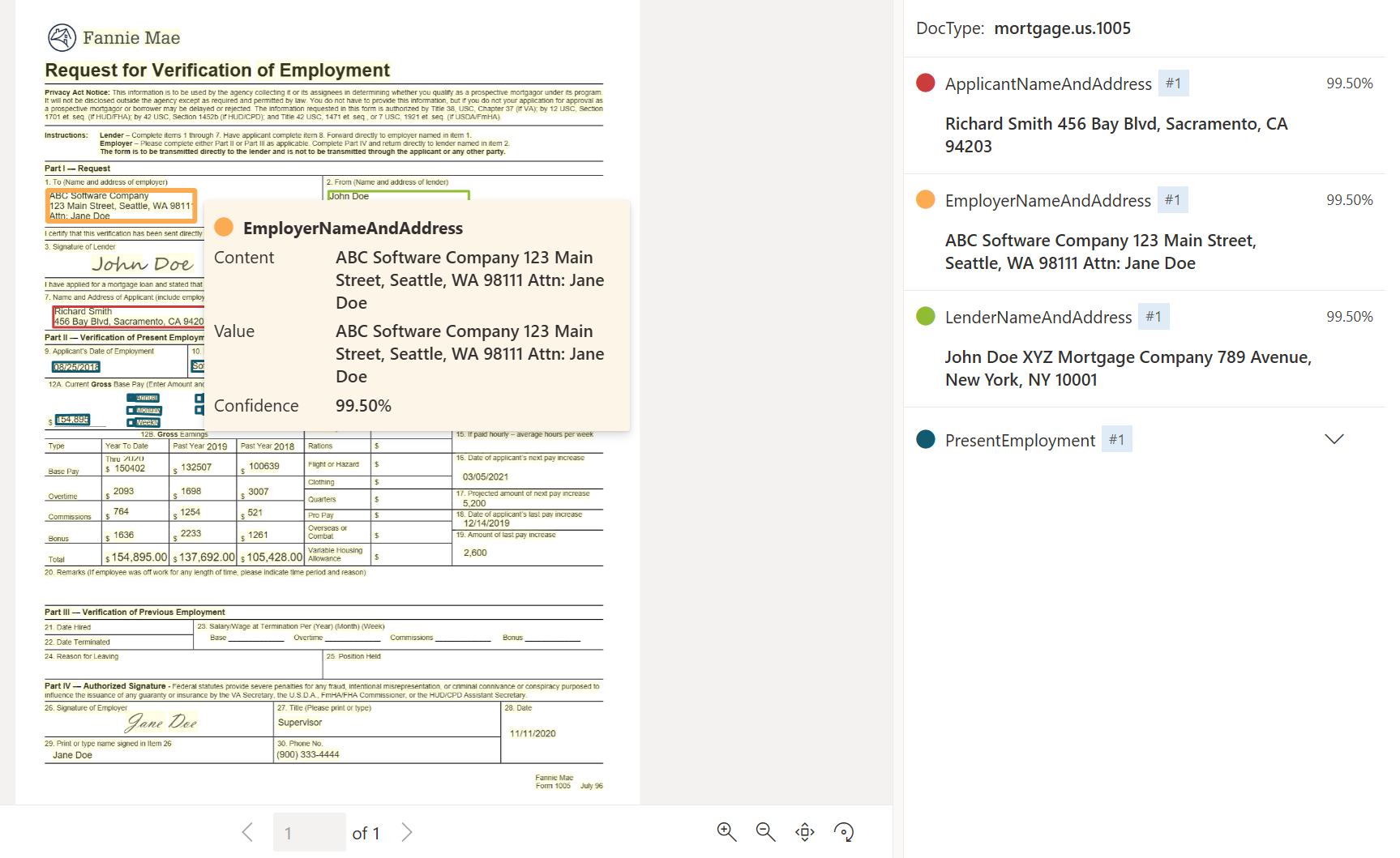 Zrzut ekranu przedstawiający analizę modelu dokumentów us mortgage 1005 przy użyciu usługi Document Intelligence Studio.