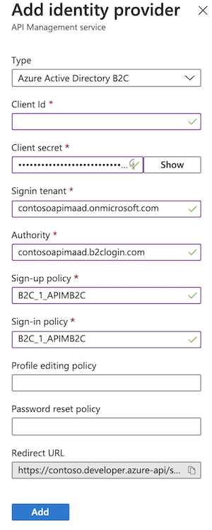 Zrzut ekranu przedstawiający konfigurację dostawcy tożsamości usługi Active Directory B2C w portalu.