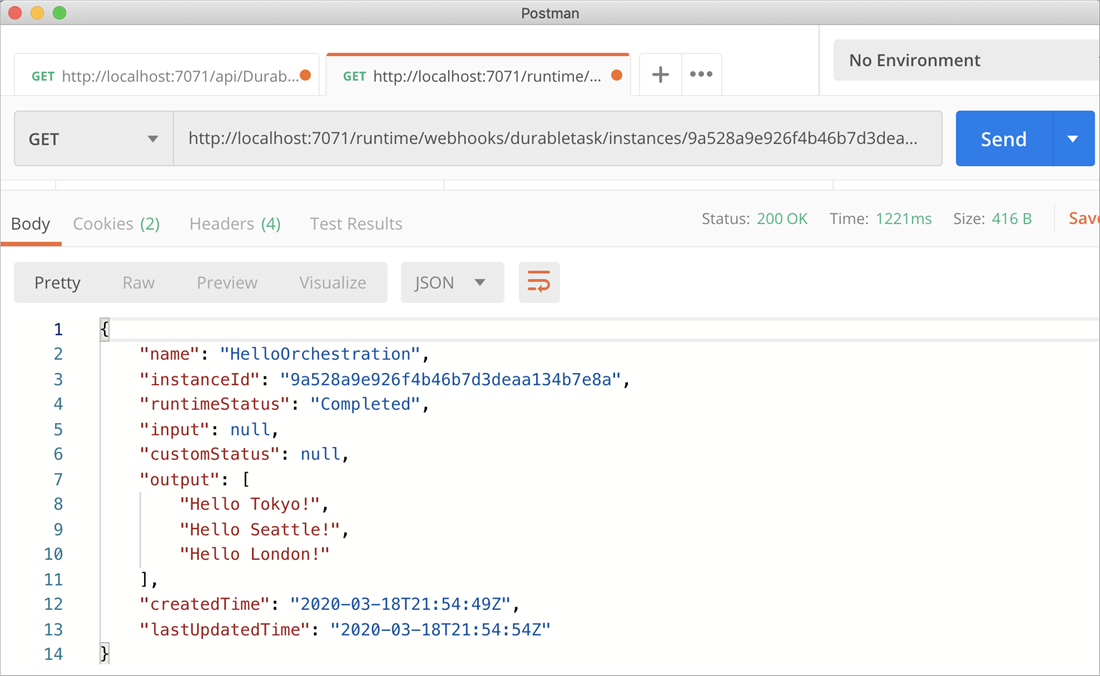 Zrzut ekranu przedstawiający kod aplikacji Durable Functions w programie Visual Studio Code.