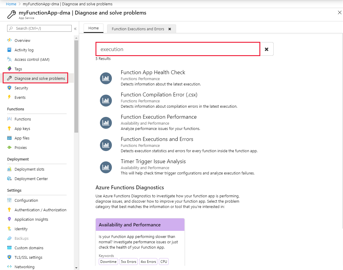 Wyszukaj Azure Functions diagnostyki.