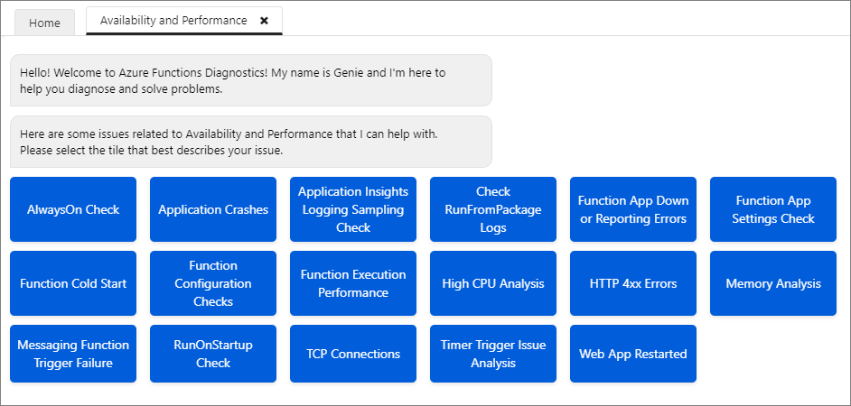 Genie jest interfejsem diagnostyki Azure Functions.