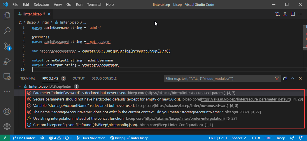 Użycie lintera Bicep w programie Visual Studio Code.