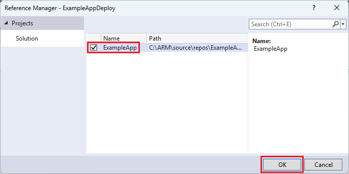 Zrzut ekranu przedstawiający okno Dodawanie odwołania w programie Visual Studio z wybranym projektem aplikacji internetowej.